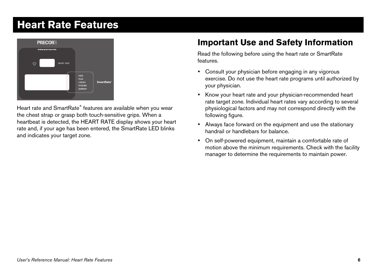 Heart rate features, Important use and safety information | Precor Ellipticals EFX532i User Manual | Page 52 / 96