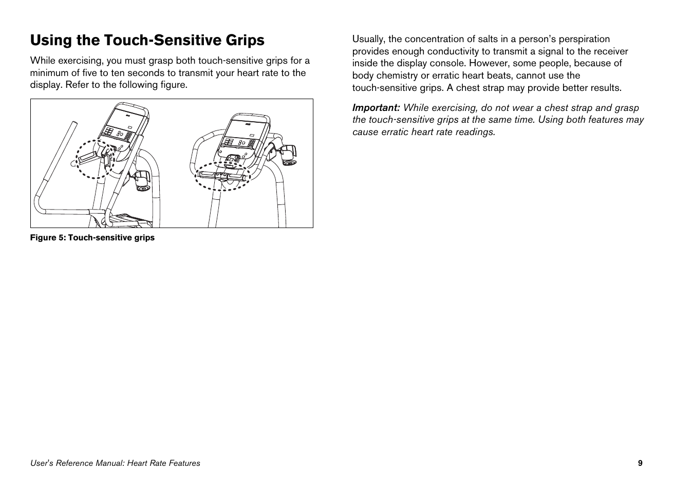 Using the touch-sensitive grips | Precor Ellipticals EFX532i User Manual | Page 55 / 96