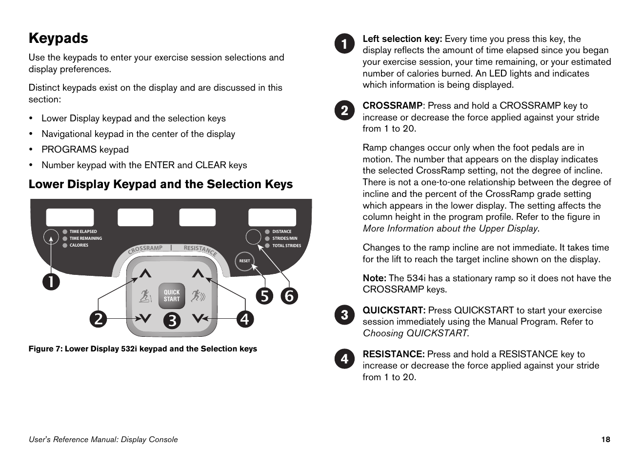 Keypads, Lower display keypad and the selection keys | Precor Ellipticals EFX532i User Manual | Page 64 / 96