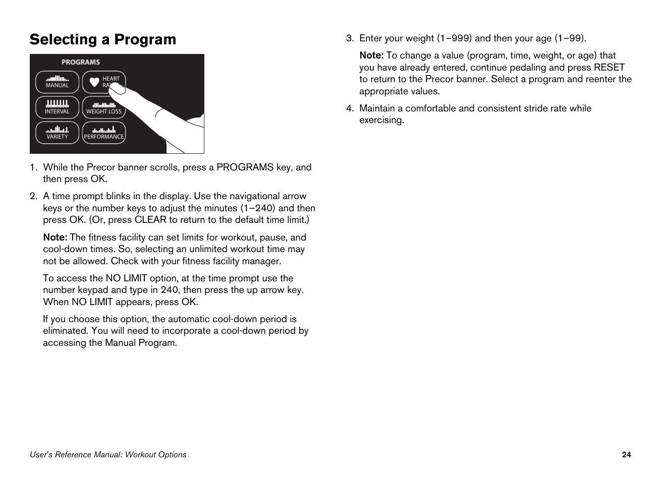 Selecting a program | Precor Ellipticals EFX532i User Manual | Page 70 / 96