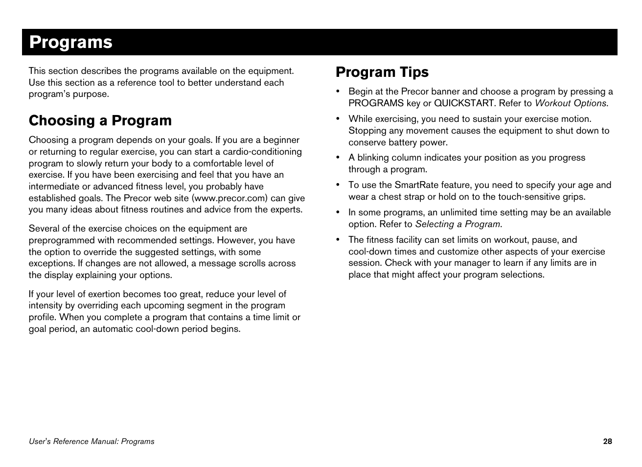 Programs, Choosing a program, Program tips | Precor Ellipticals EFX532i User Manual | Page 74 / 96