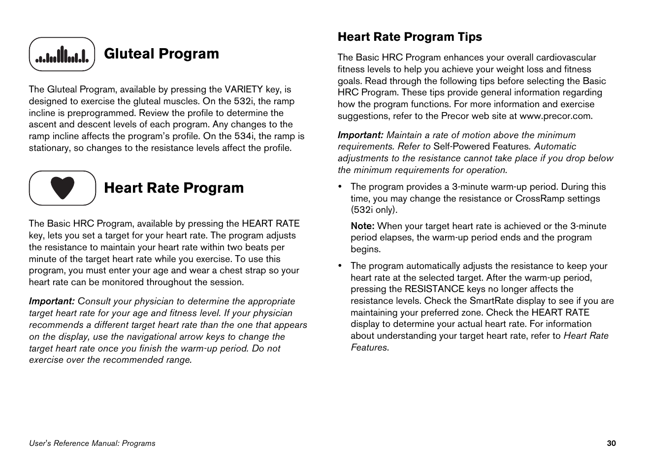 Gluteal program, Heart rate program | Precor Ellipticals EFX532i User Manual | Page 76 / 96
