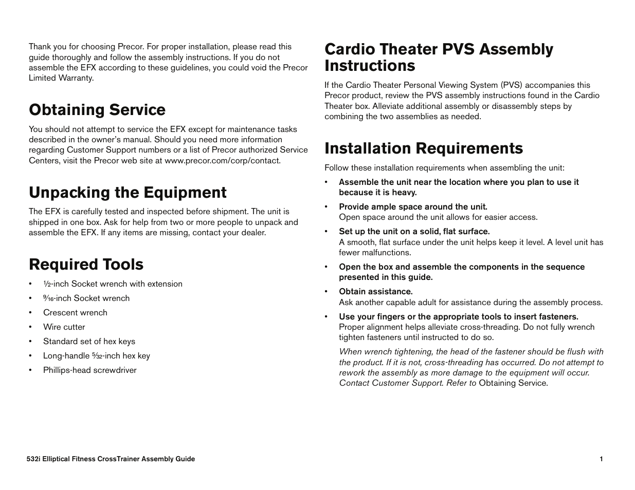 Obtaining service, Unpacking the equipment, Required tools | Cardio theater pvs assemblyinstructions, Installation requirements, Cardio theater pvs assembly instructions | Precor Ellipticals EFX532i User Manual | Page 83 / 96