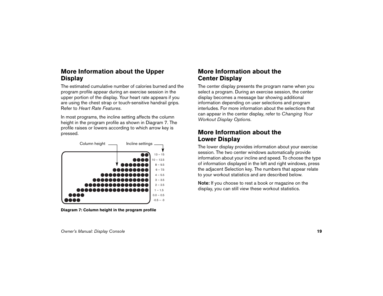 More information about the upper display, More information about the center display, More information about the lower display | Precor Low-Impact Threadmill M9.57 User Manual | Page 21 / 94
