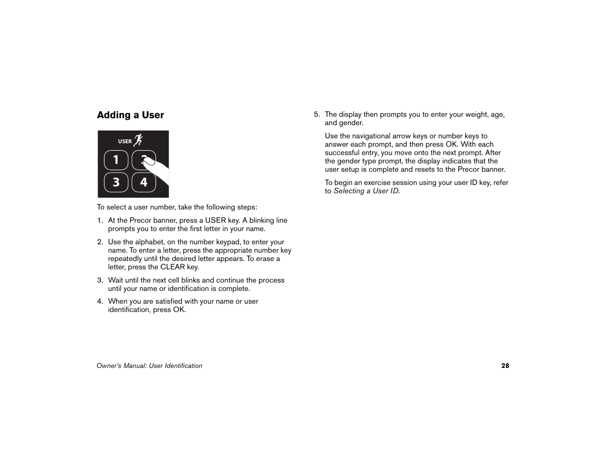 Adding a user | Precor Low-Impact Threadmill M9.57 User Manual | Page 30 / 94