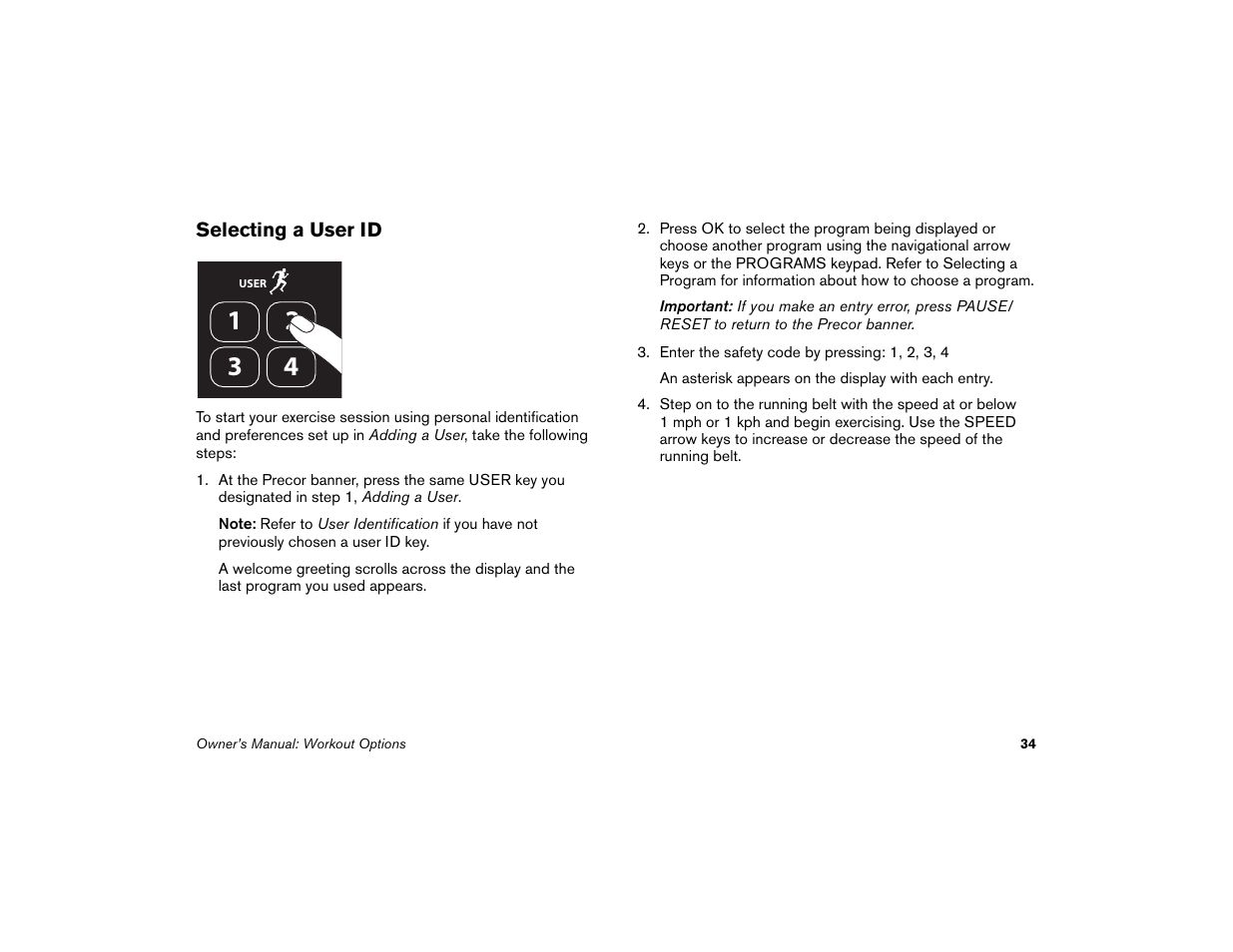 Selecting a user id | Precor Low-Impact Threadmill M9.57 User Manual | Page 36 / 94