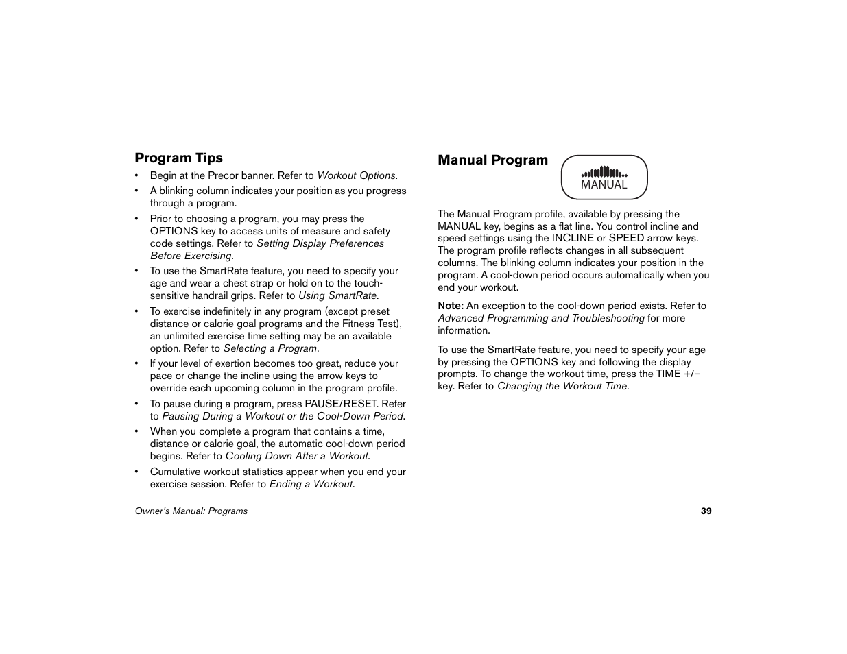 Program tips, Manual program, Program tips manual program | Precor Low-Impact Threadmill M9.57 User Manual | Page 41 / 94