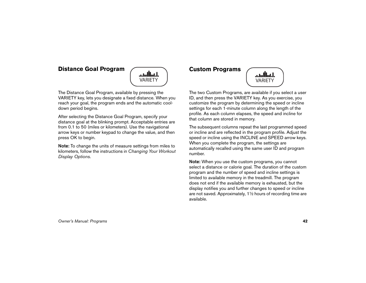 Distance goal program, Custom programs, Distance goal program custom programs | Precor Low-Impact Threadmill M9.57 User Manual | Page 44 / 94