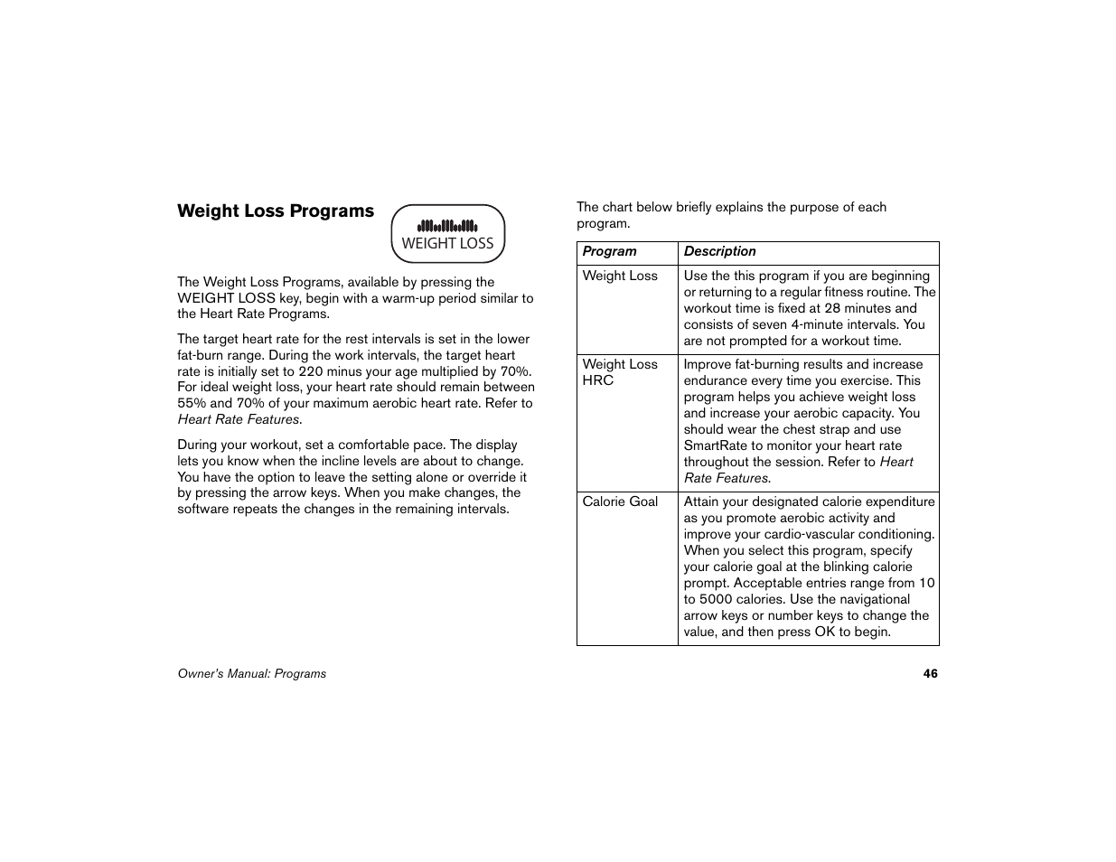 Weight loss programs | Precor Low-Impact Threadmill M9.57 User Manual | Page 48 / 94