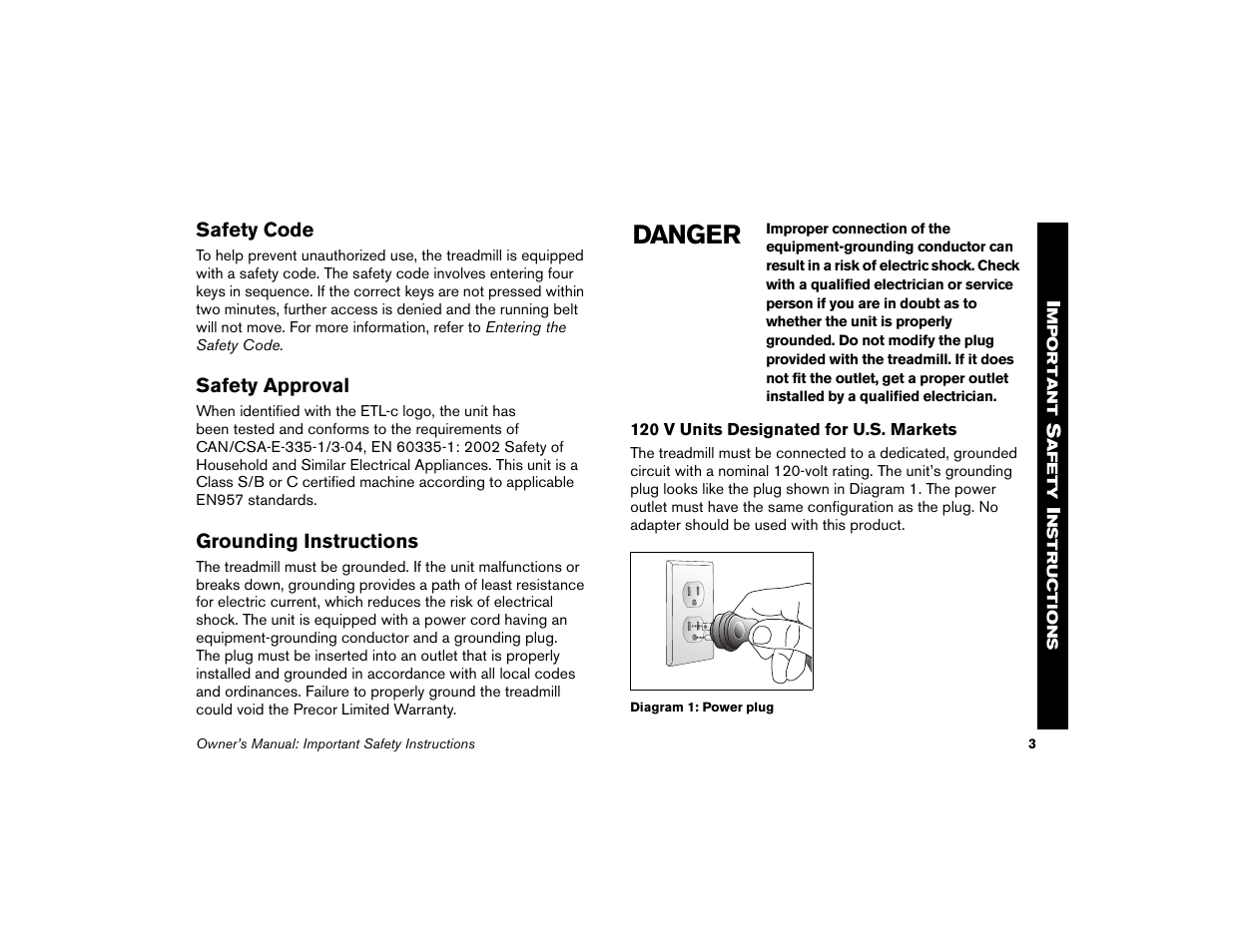 Safety code, Safety approval, Grounding instructions | Danger | Precor Low-Impact Threadmill M9.57 User Manual | Page 5 / 94