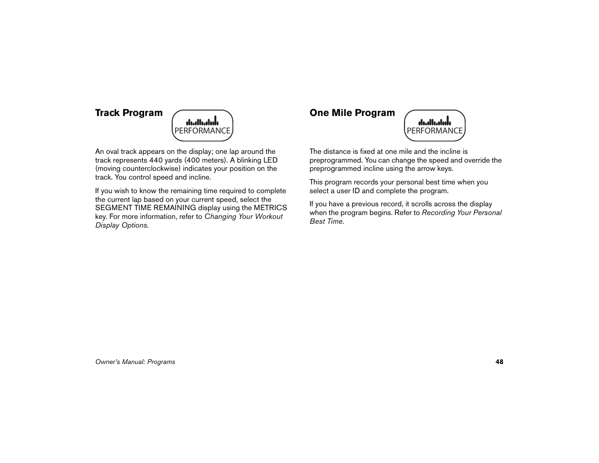 Track program, One mile program, Track program one mile program | Precor Low-Impact Threadmill M9.57 User Manual | Page 50 / 94