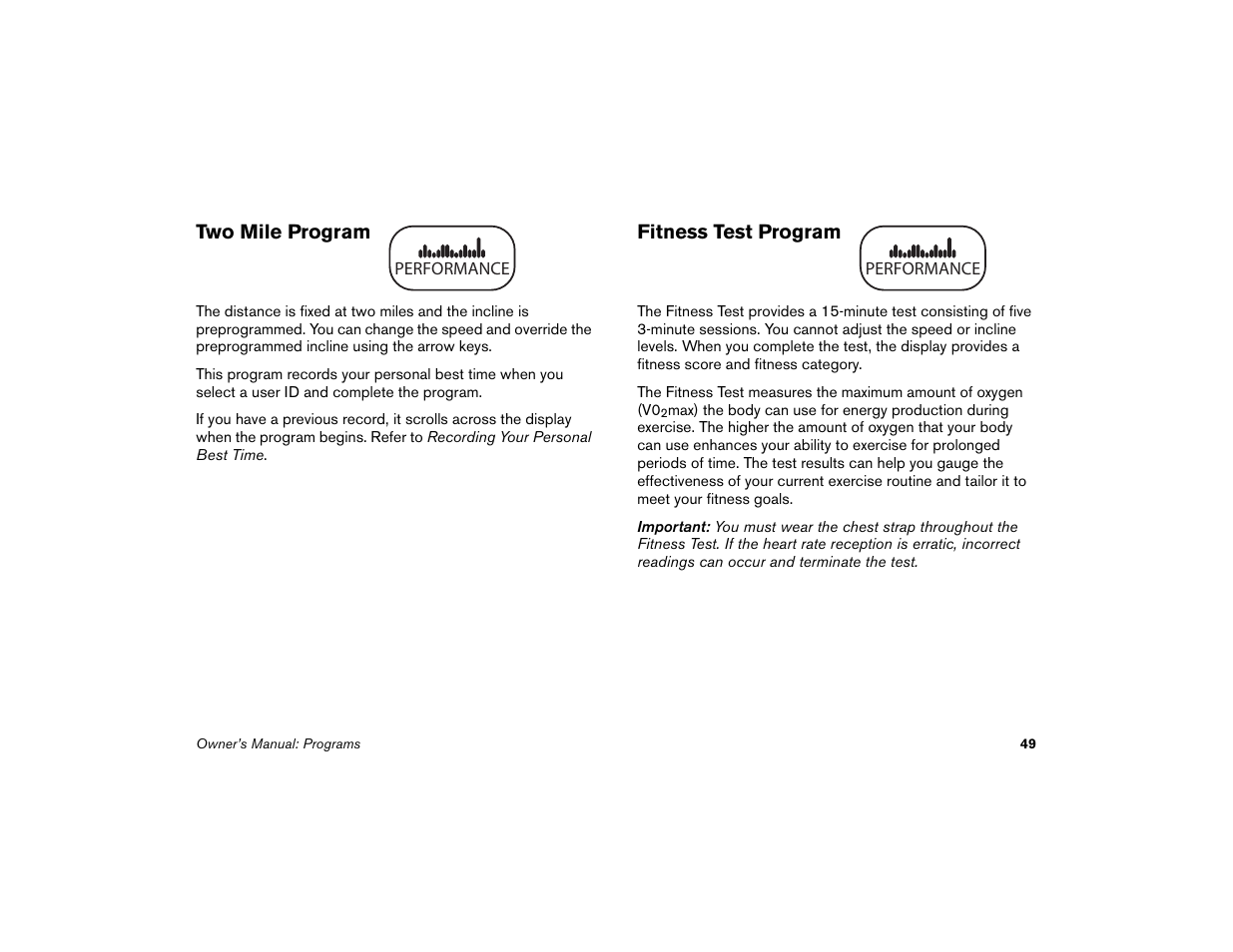 Two mile program, Fitness test program, Two mile program fitness test program | Precor Low-Impact Threadmill M9.57 User Manual | Page 51 / 94