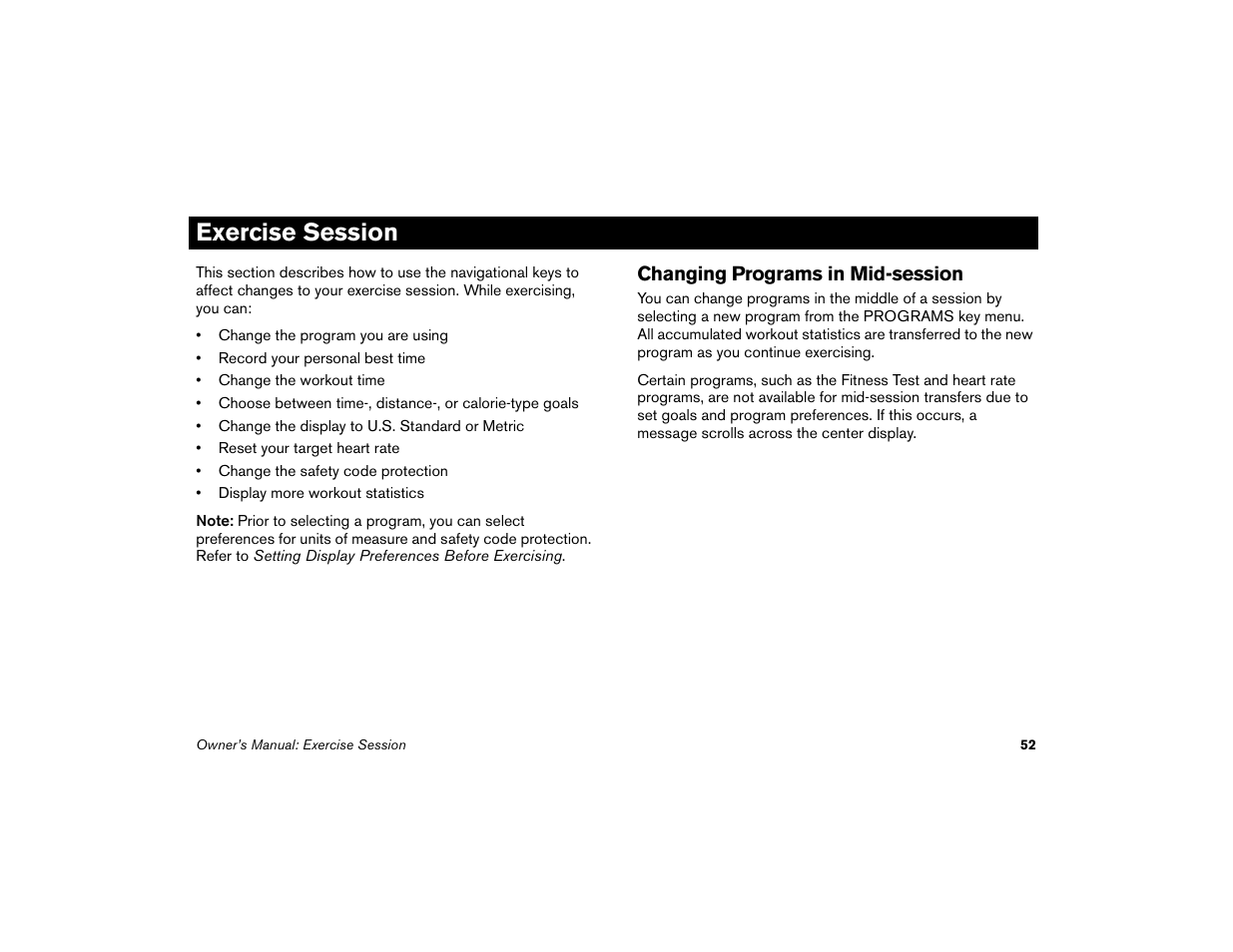 Exercise session, Changing programs in mid-session | Precor Low-Impact Threadmill M9.57 User Manual | Page 54 / 94