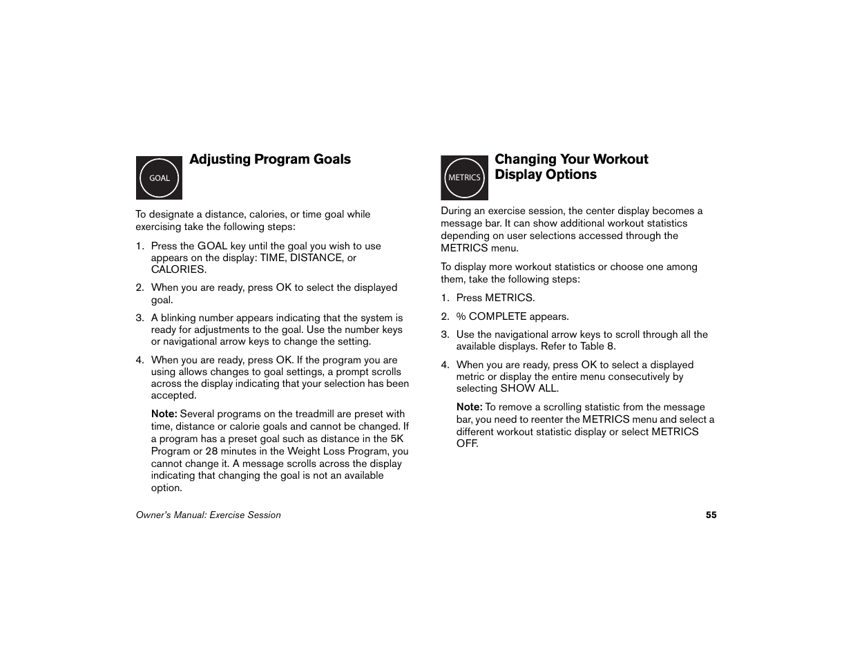 Adjusting program goals, Changing your workout display options | Precor Low-Impact Threadmill M9.57 User Manual | Page 57 / 94