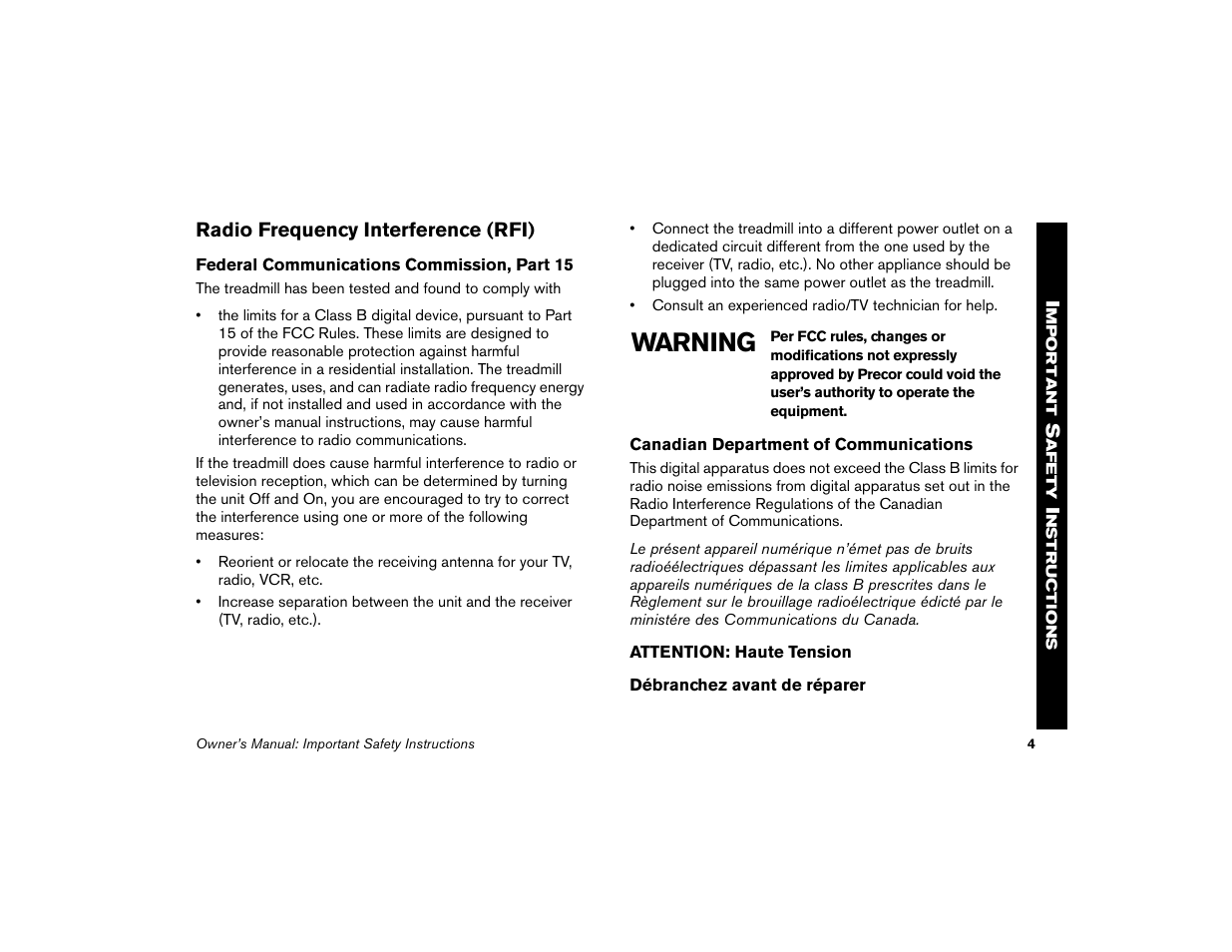 Radio frequency interference (rfi), Warning | Precor Low-Impact Threadmill M9.57 User Manual | Page 6 / 94