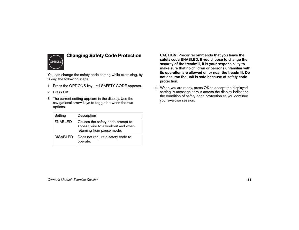 Changing safety code protection | Precor Low-Impact Threadmill M9.57 User Manual | Page 60 / 94