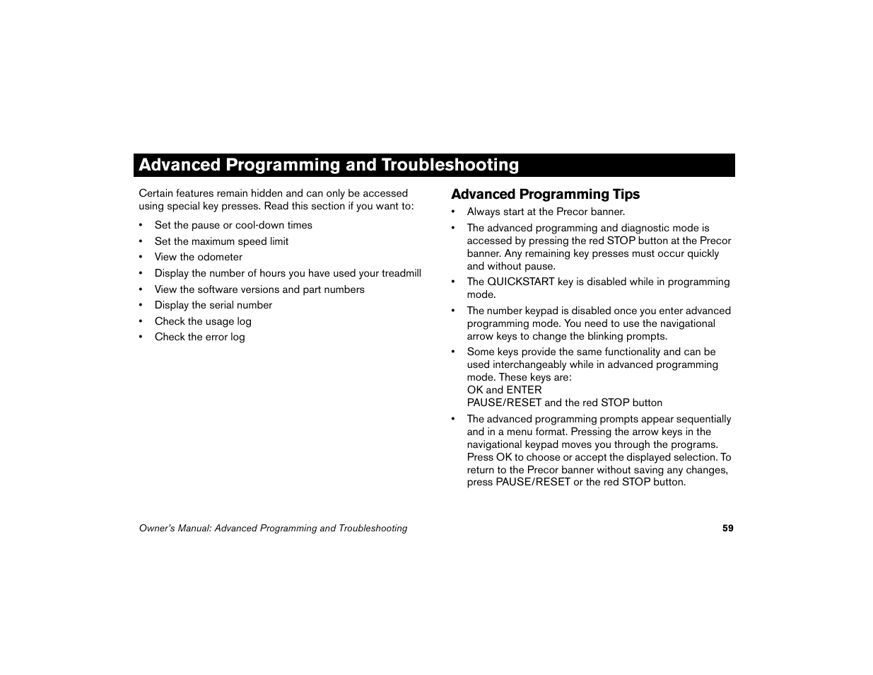 Advanced programming and troubleshooting, Advanced programming tips | Precor Low-Impact Threadmill M9.57 User Manual | Page 61 / 94