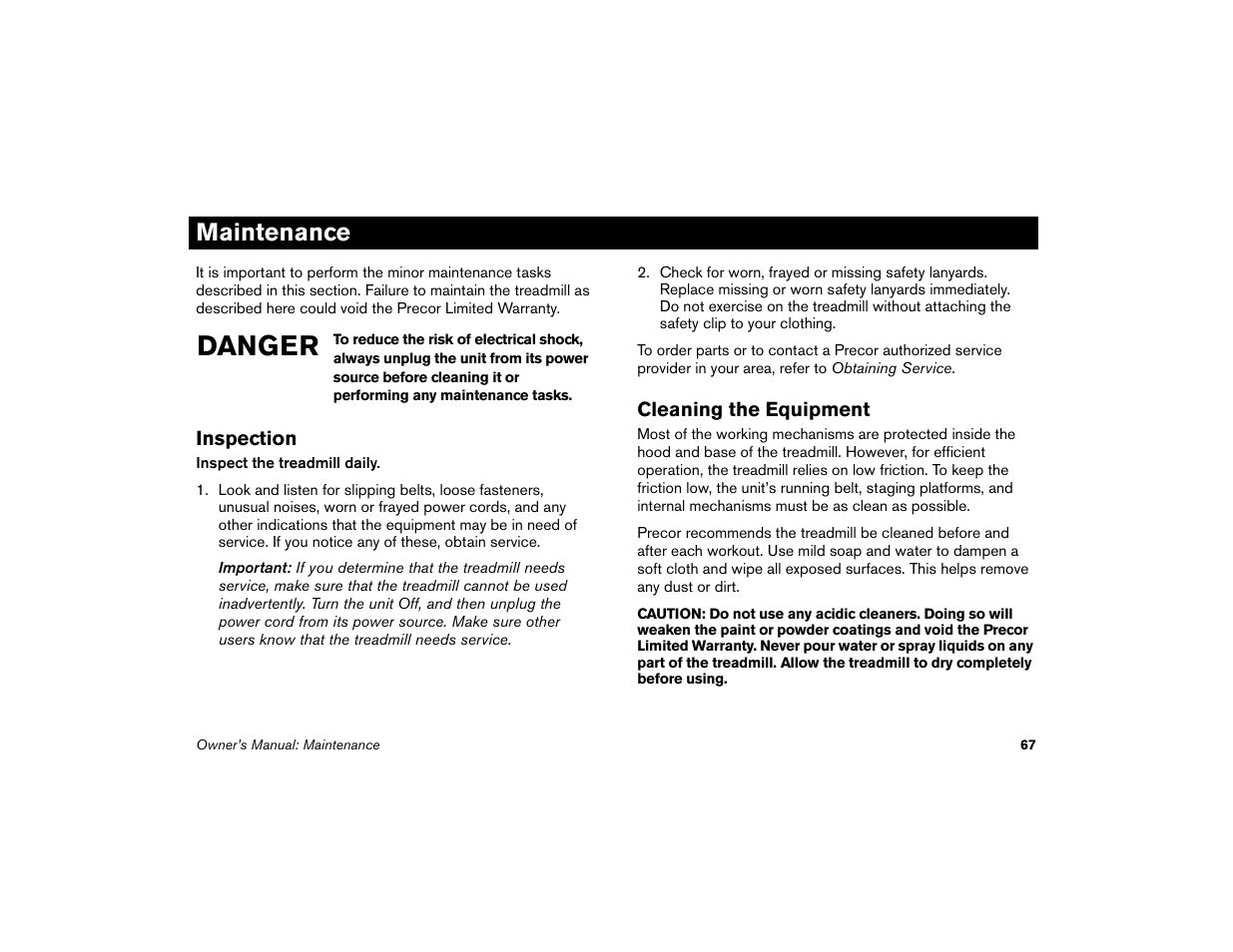 Maintenance, Inspection, Cleaning the equipment | Inspection cleaning the equipment, Danger | Precor Low-Impact Threadmill M9.57 User Manual | Page 69 / 94