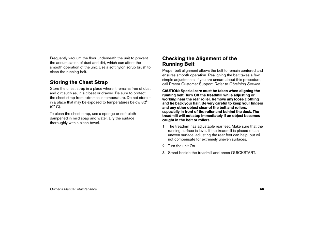 Storing the chest strap, Checking the alignment of the running belt | Precor Low-Impact Threadmill M9.57 User Manual | Page 70 / 94
