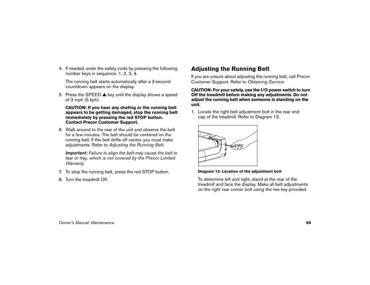 Adjusting the running belt | Precor Low-Impact Threadmill M9.57 User Manual | Page 71 / 94