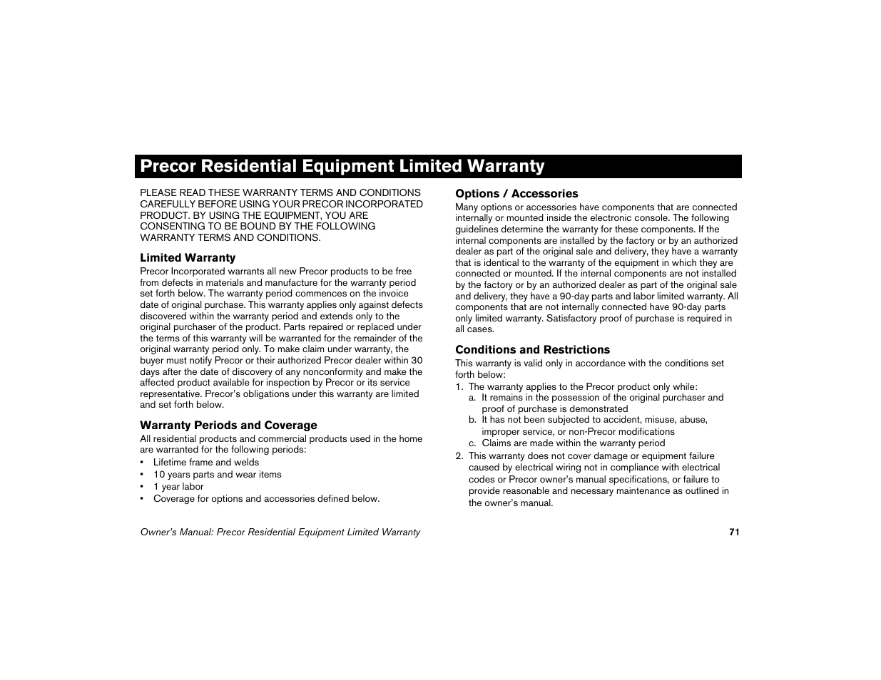 Precor residential equipment limited warranty | Precor Low-Impact Threadmill M9.57 User Manual | Page 73 / 94
