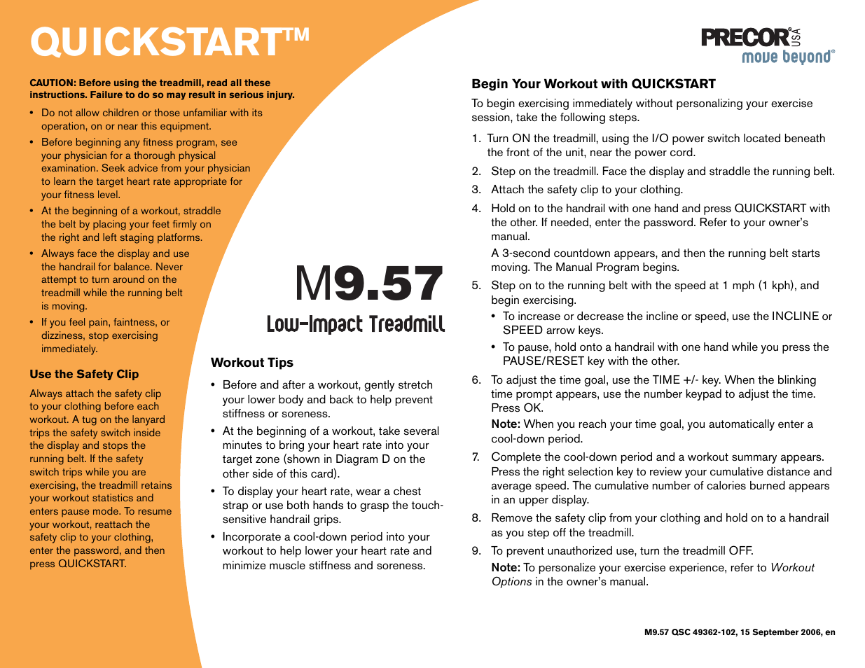 49362-102 m9.57 quickstart card, M 9.57, Quickstart | Precor Low-Impact Threadmill M9.57 User Manual | Page 81 / 94