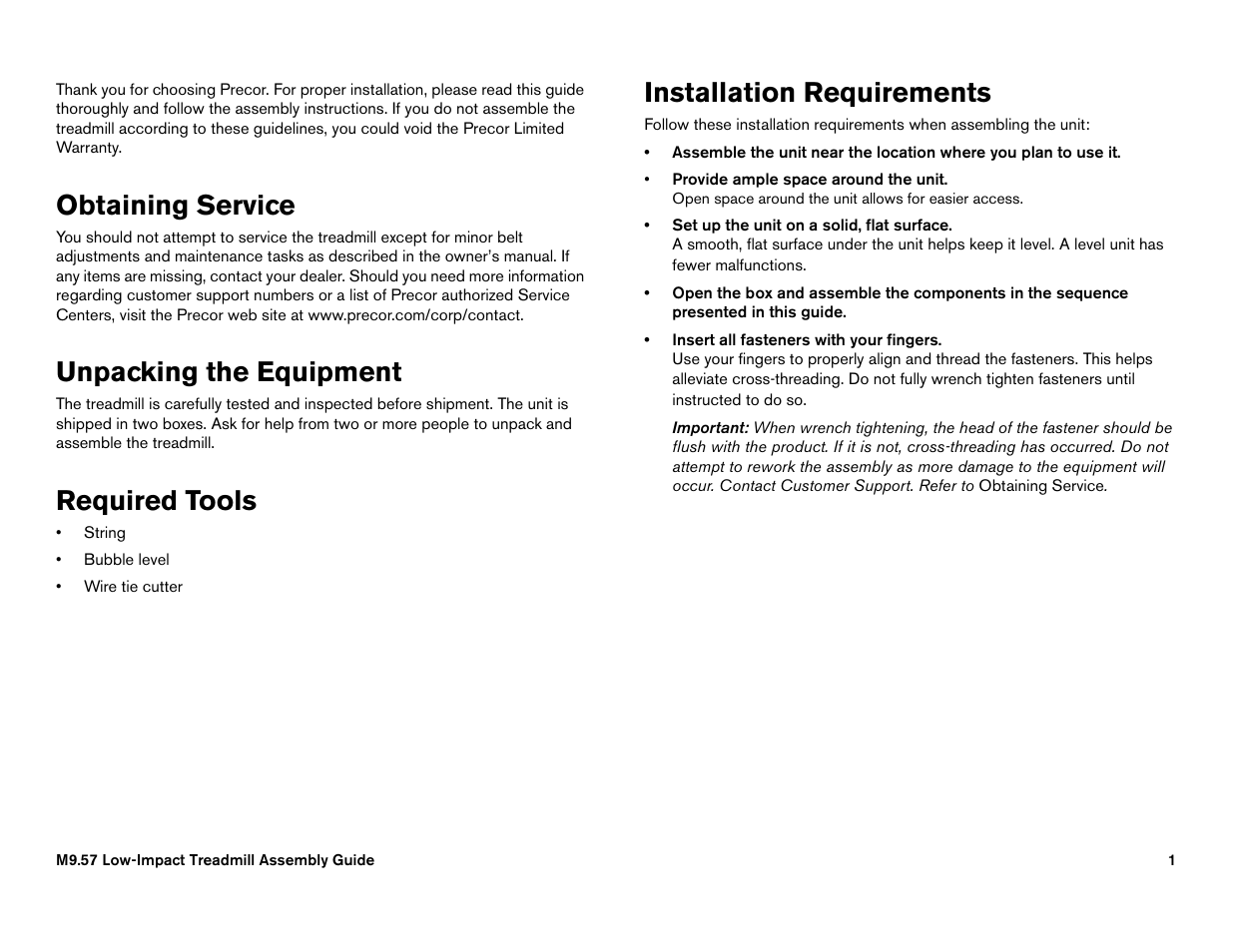 Obtaining service, Unpacking the equipment, Required tools | Installation requirements | Precor Low-Impact Threadmill M9.57 User Manual | Page 85 / 94