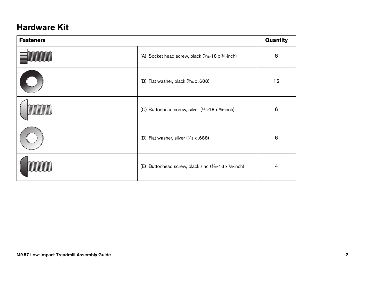 Hardware kit | Precor Low-Impact Threadmill M9.57 User Manual | Page 86 / 94