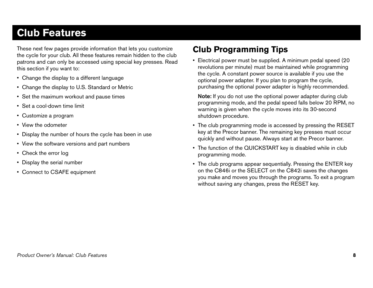 Club features, Club programming tips | Precor Commercial Cycles C846i User Manual | Page 10 / 68