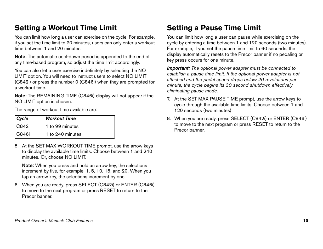 Setting a workout time limit, Setting a pause time limit | Precor Commercial Cycles C846i User Manual | Page 12 / 68