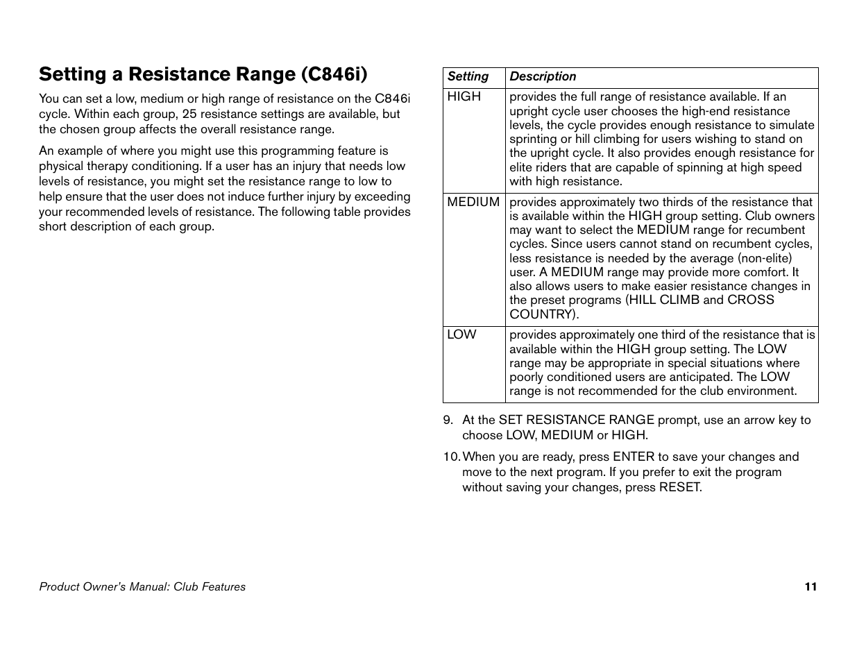 Setting a resistance range (c846i) | Precor Commercial Cycles C846i User Manual | Page 13 / 68