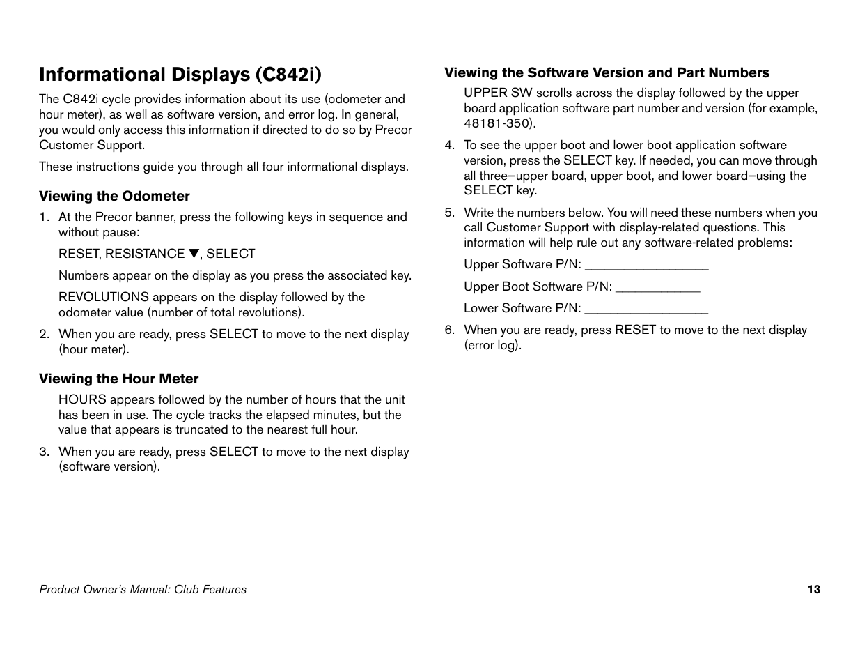 Informational displays (c842i) | Precor Commercial Cycles C846i User Manual | Page 15 / 68