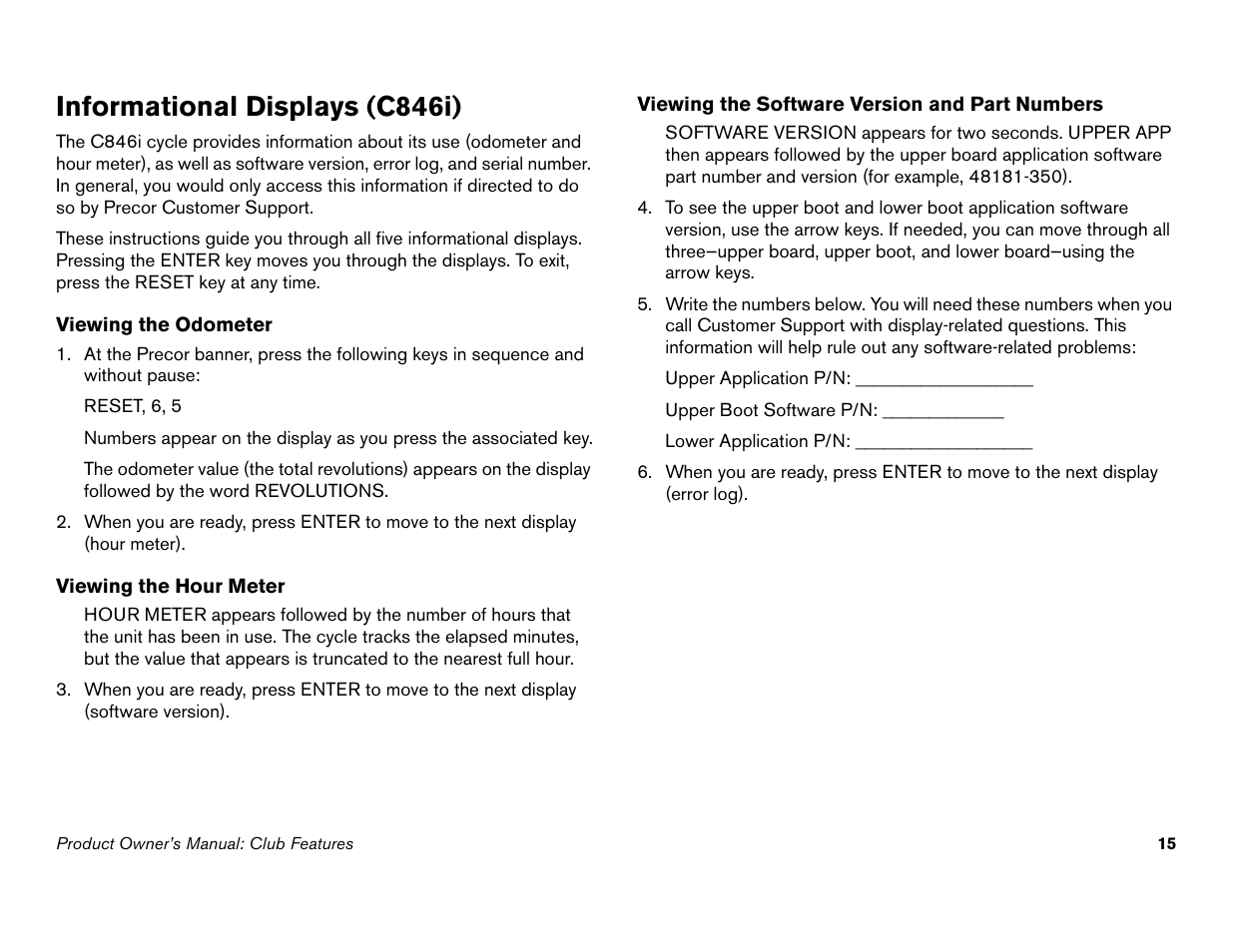 Informational displays (c846i) | Precor Commercial Cycles C846i User Manual | Page 17 / 68