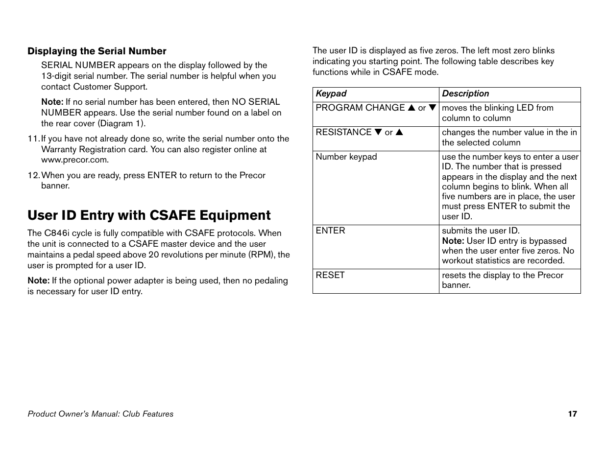 User id entry with csafe equipment | Precor Commercial Cycles C846i User Manual | Page 19 / 68