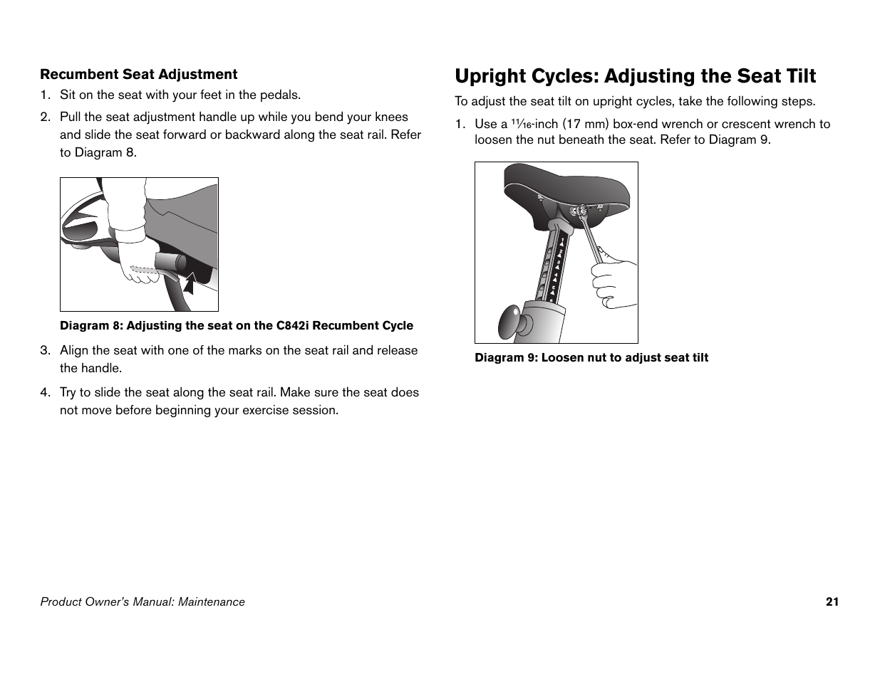 Upright cycles: adjusting the seat tilt | Precor Commercial Cycles C846i User Manual | Page 23 / 68