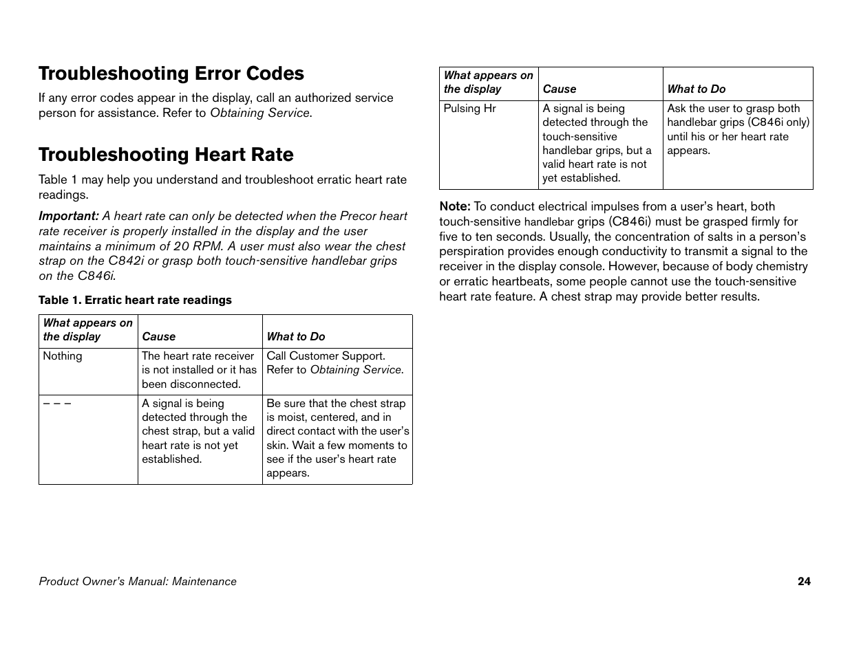 Troubleshooting error codes, Troubleshooting heart rate | Precor Commercial Cycles C846i User Manual | Page 26 / 68