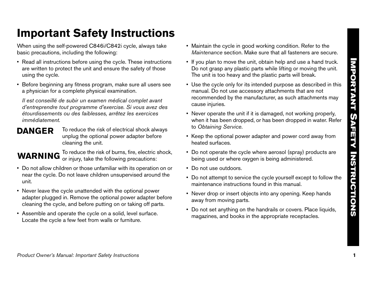 Important safety instructions, Danger warning | Precor Commercial Cycles C846i User Manual | Page 3 / 68