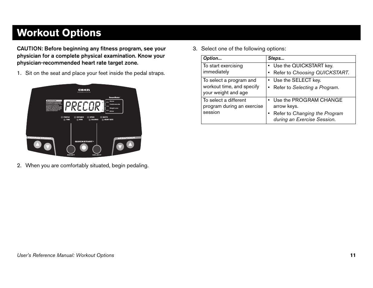 Workout options, Precor, User’s reference manual: workout options 11 | Option... steps | Precor Commercial Cycles C846i User Manual | Page 45 / 68