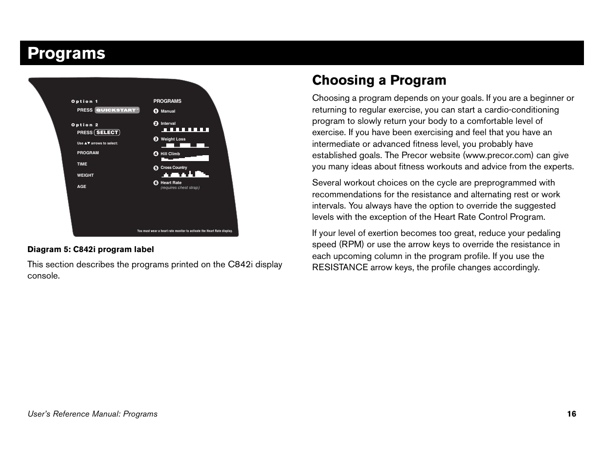 Programs, Choosing a program, User’s reference manual: programs 16 | Diagram 5: c842i program label | Precor Commercial Cycles C846i User Manual | Page 50 / 68