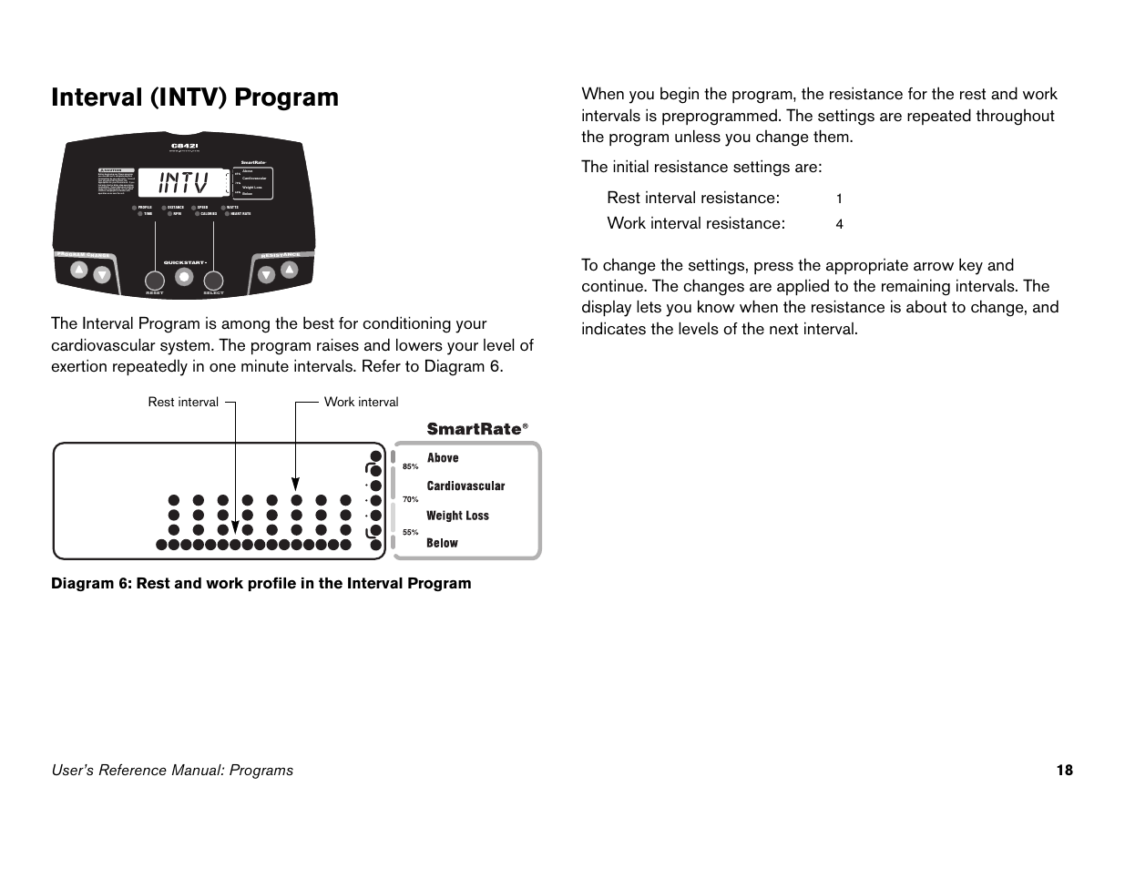 Interval (intv) program, Intv, Rest interval resistance | Work interval resistance, User’s reference manual: programs 18 | Precor Commercial Cycles C846i User Manual | Page 52 / 68