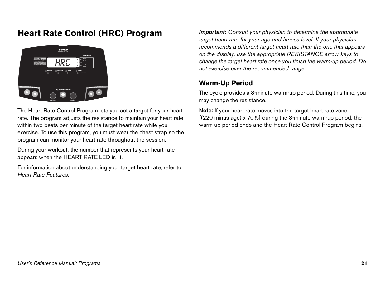 Heart rate control (hrc) program, Warm-up period, User’s reference manual: programs 21 | Precor Commercial Cycles C846i User Manual | Page 55 / 68