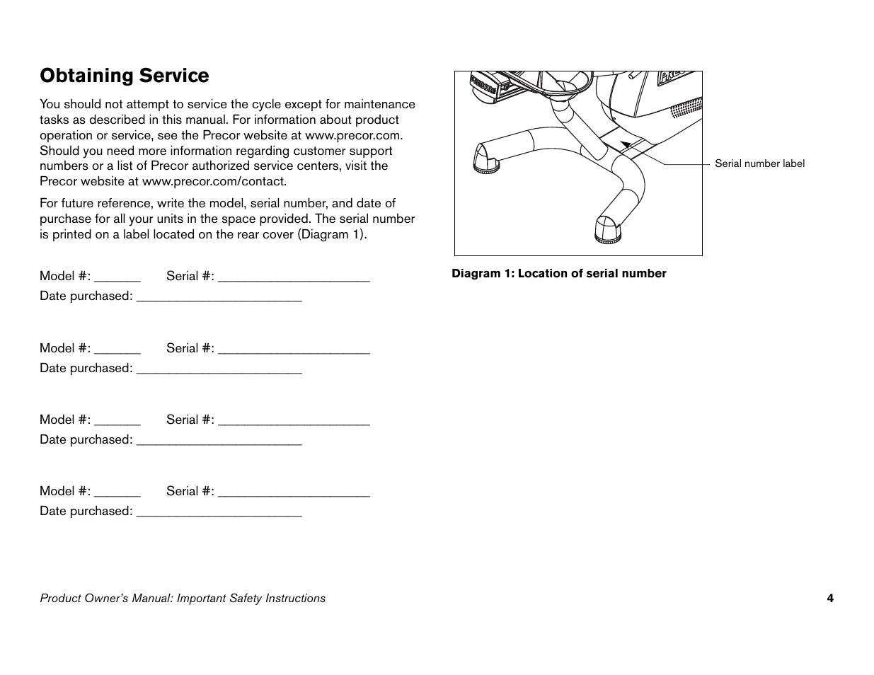 Obtaining service | Precor Commercial Cycles C846i User Manual | Page 6 / 68