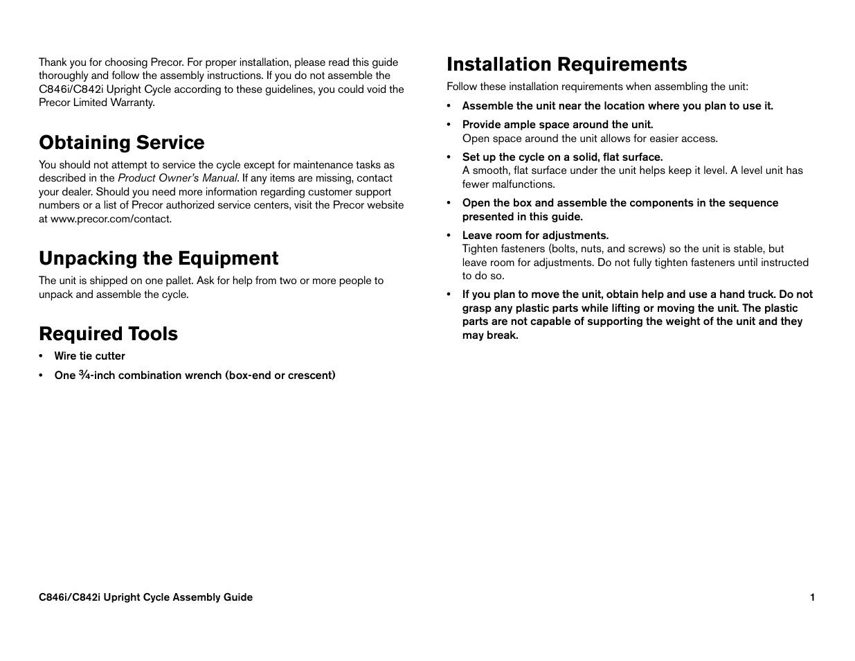 Obtaining service, Unpacking the equipment, Required tools | Installation requirements | Precor Commercial Cycles C846i User Manual | Page 63 / 68