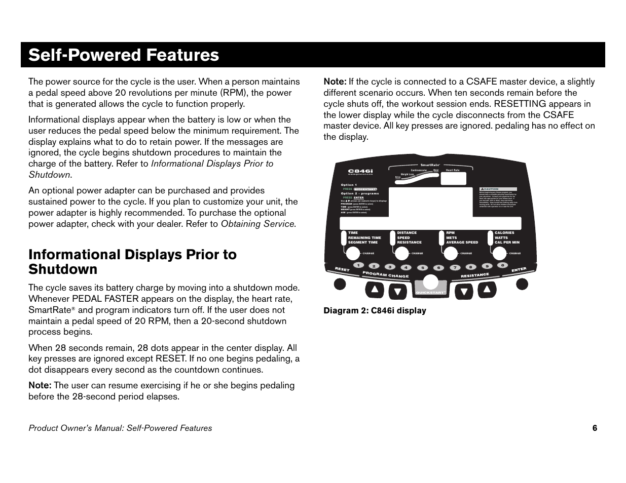 Self-powered features, Informational displays prior to shutdown, Product owner’s manual: self-powered features 6 | Diagram 2: c846i display | Precor Commercial Cycles C846i User Manual | Page 8 / 68