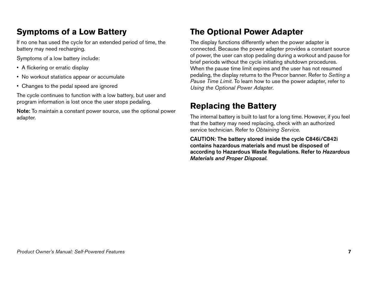 Symptoms of a low battery, The optional power adapter, Replacing the battery | Precor Commercial Cycles C846i User Manual | Page 9 / 68