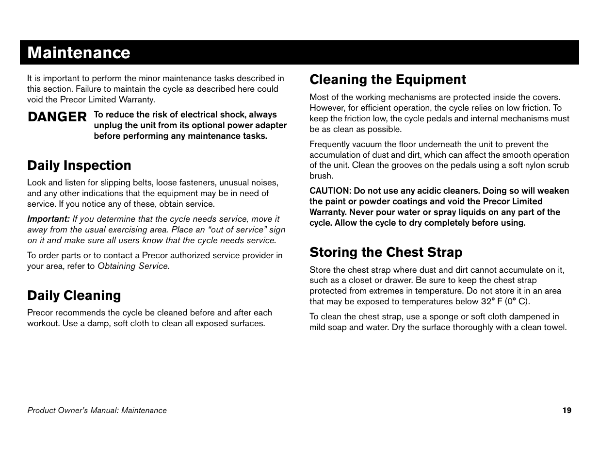 Maintenance, Daily inspection, Daily cleaning | Cleaning the equipment, Storing the chest strap, Danger | Precor C842i User Manual | Page 21 / 72