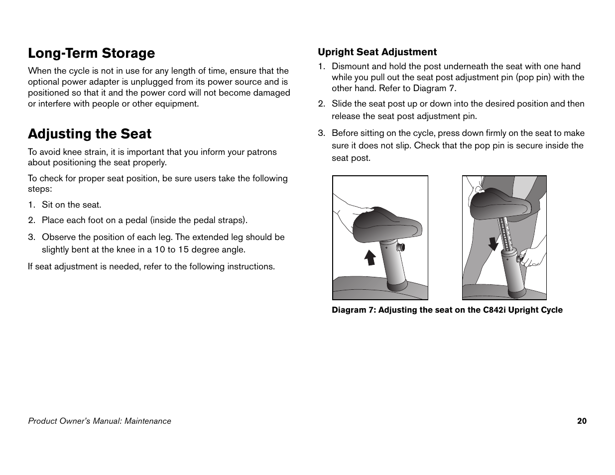 Long-term storage, Adjusting the seat, Long-term storage adjusting the seat | Precor C842i User Manual | Page 22 / 72