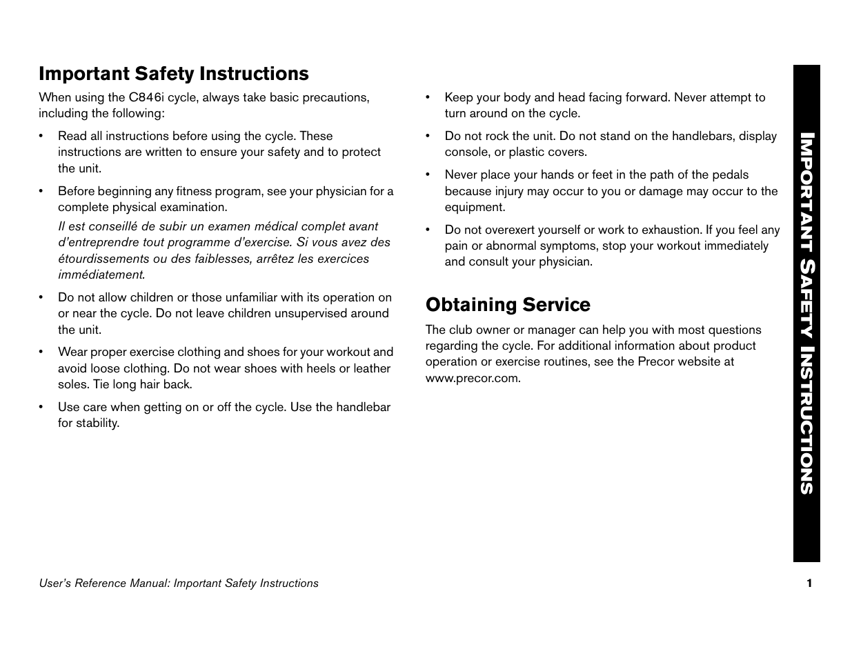 Important safety instructions, Obtaining service | Precor C842i User Manual | Page 35 / 72