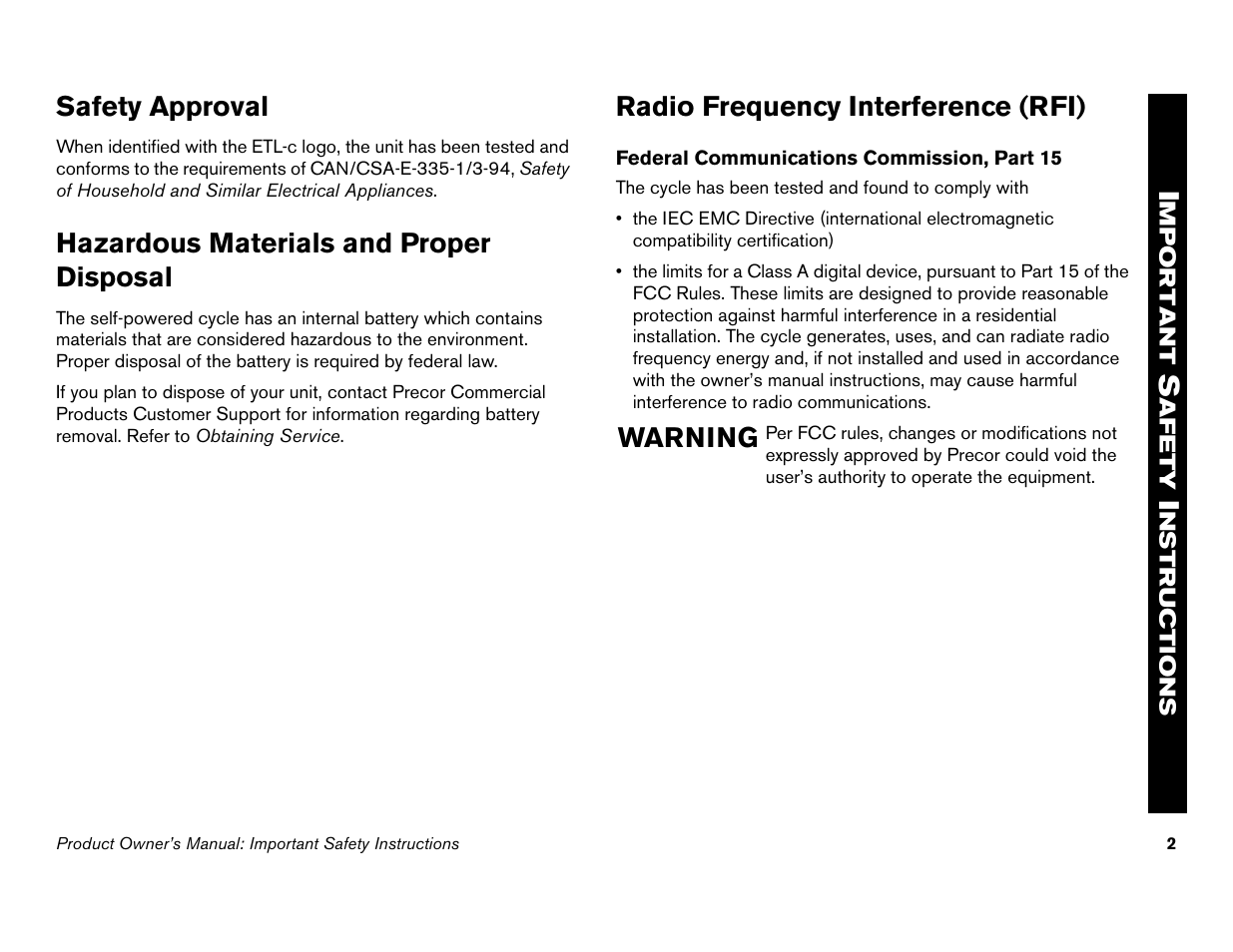 Safety approval, Hazardous materials and proper disposal, Radio frequency interference (rfi) | Warning | Precor C842i User Manual | Page 4 / 72