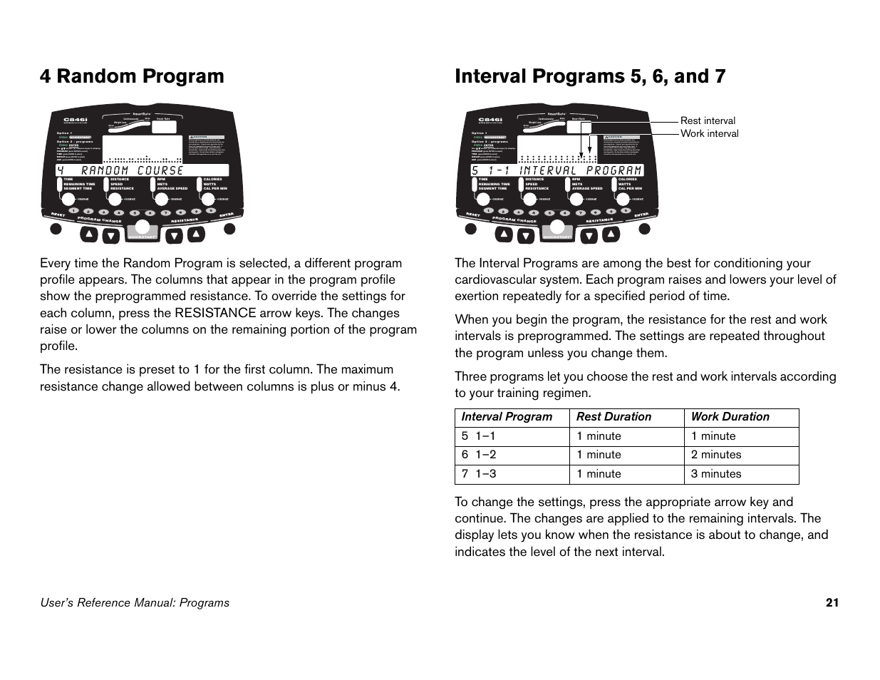 4 random program, Interval programs 5, 6, and 7, 4 random program interval programs 5, 6, and 7 | Press enter to select), User’s reference manual: programs 21 | Precor C842i User Manual | Page 55 / 72